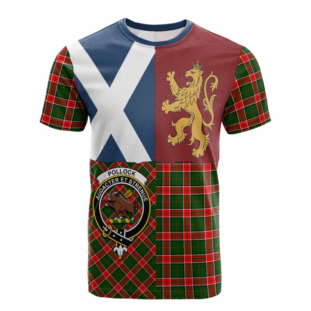 Pollock Crest Tartan Cotton T-shirt with Lion Rampant Saltire Style - Tartan Vibes Clothing