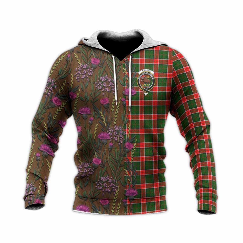 Pollock Family Crest Tartan Knitted Hoodie Scottish Thistle Flower Pattern Half Style - Tartan Vibes Clothing