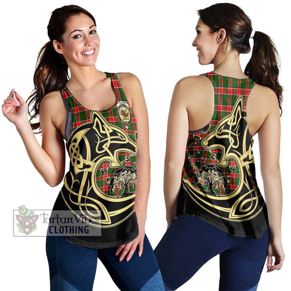 Pollock Tartan Women's Racerback Tanks with Family Crest Celtic Wolf Style 4XL - Tartan Vibes Clothing