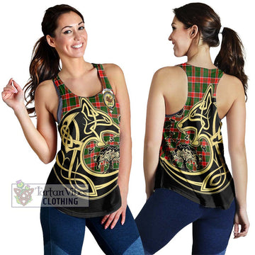 Pollock Tartan Women's Racerback Tanks with Family Crest Celtic Wolf Style 4XL - Tartan Vibes Clothing