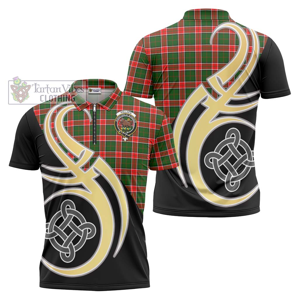 Pollock Tartan Zipper Polo Shirt with Family Crest and Celtic Symbol Style Unisex - Tartan Vibes Clothing