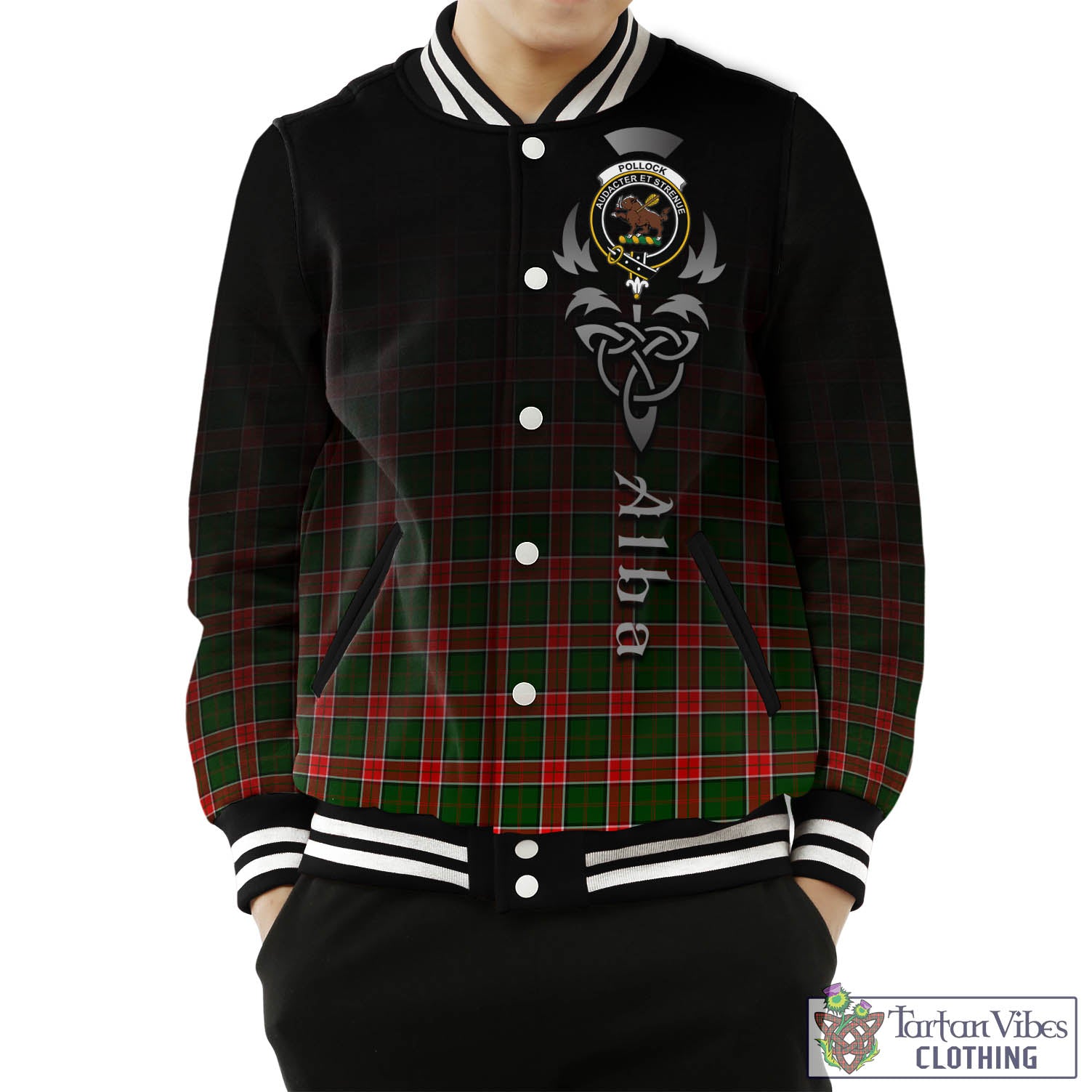 Pollock Tartan Baseball Jacket Featuring Alba Gu Brath Family Crest Celtic Inspired Unisex - Tartan Vibes Clothing