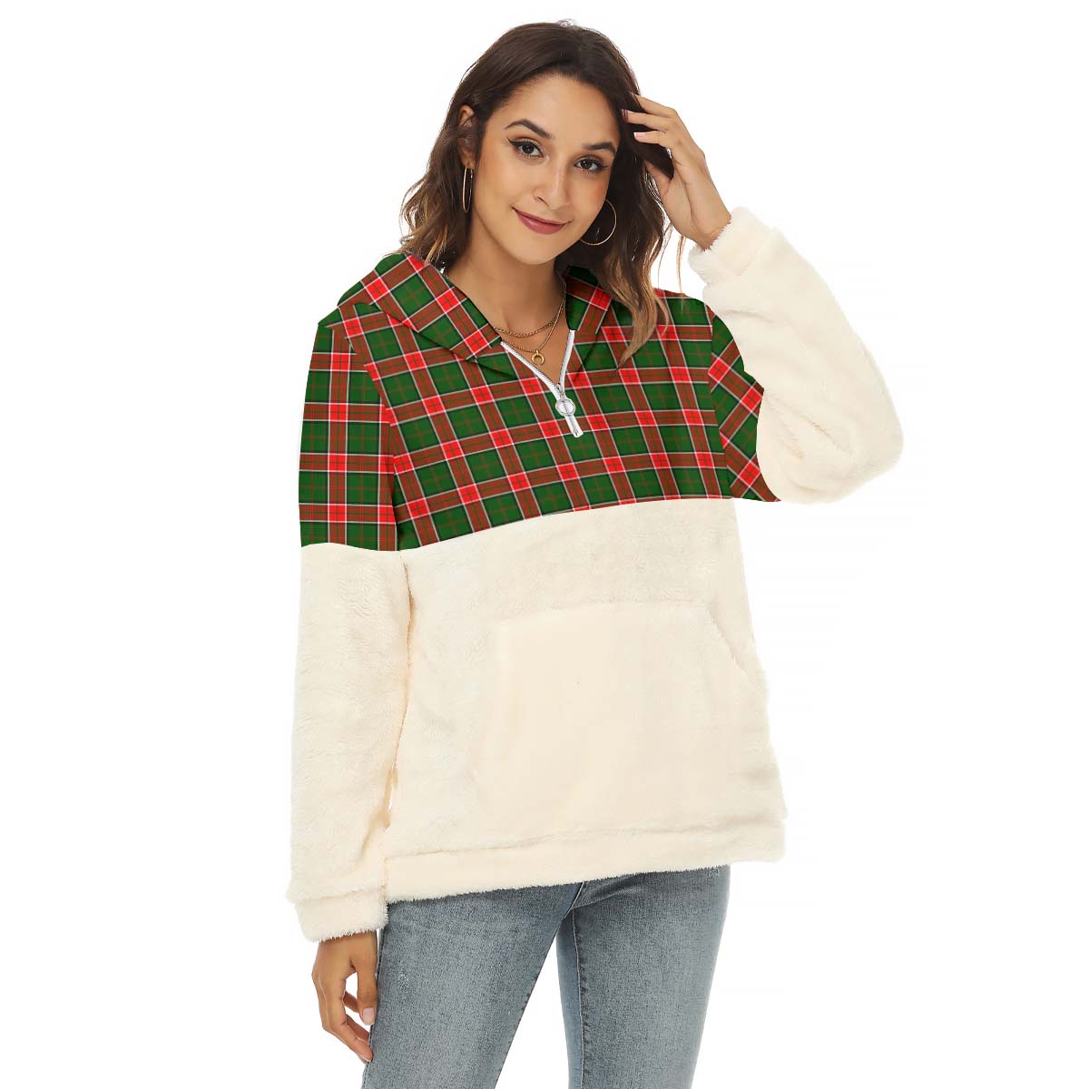 Pollock Tartan Half Style Women's Borg Fleece Hoodie with Half Zip Female - Tartan Vibes Clothing