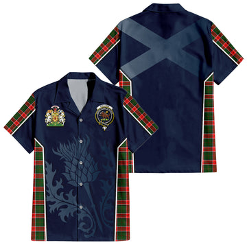 Pollock Modern Tartan Short Sleeve Button Up Shirt with Family Crest and Scottish Thistle Vibes Sport Style
