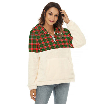 Pollock Tartan Half Style Women's Borg Fleece Hoodie with Half Zip with Family Crest Female - Tartan Vibes Clothing