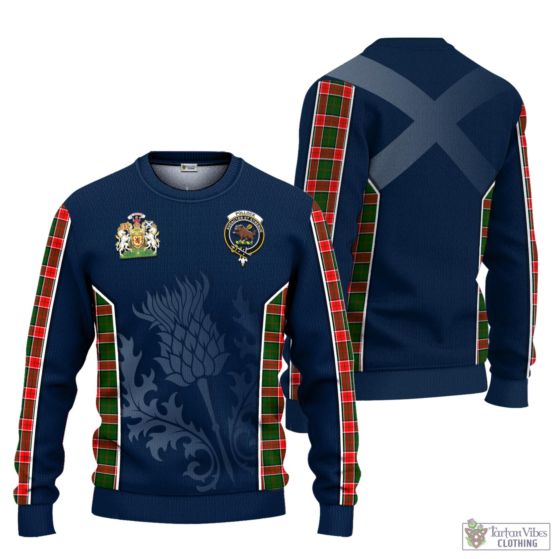 Pollock Tartan Knitted Sweatshirt with Family Crest and Scottish Thistle Vibes Sport Style Unisex - Tartan Vibes Clothing
