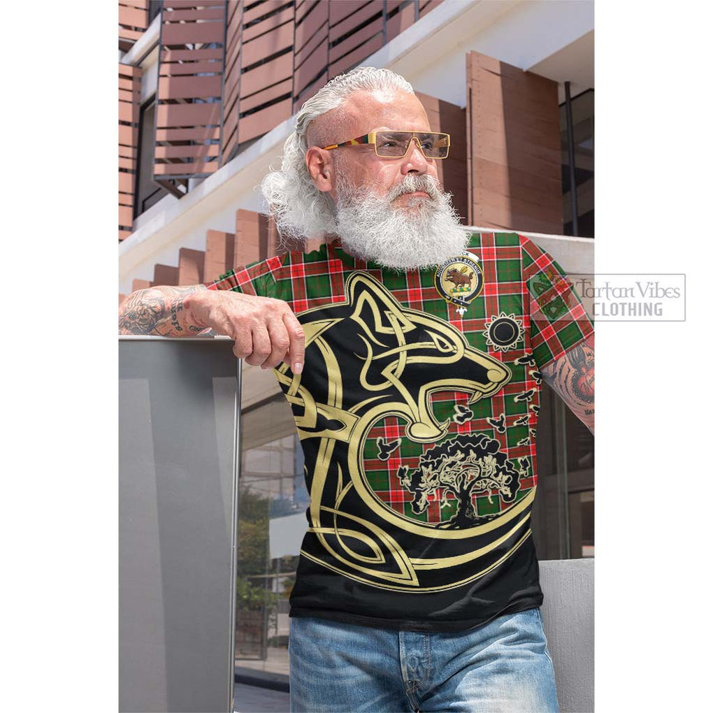 Pollock Tartan Cotton T-shirt with Family Crest Celtic Wolf Style Men's Shirt - Tartan Vibes Clothing