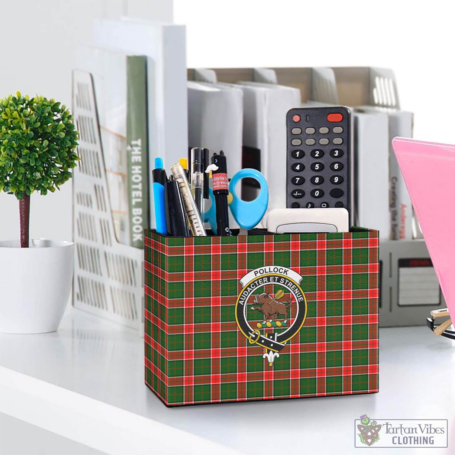 Pollock Tartan Pen Holder with Family Crest One Size 5.9"(L)*2.7"(W)*4.3"(H) - Tartan Vibes Clothing