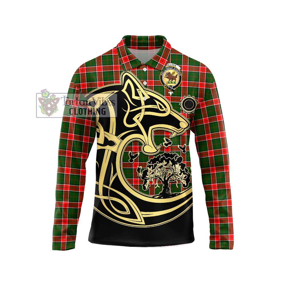 Pollock Tartan Long Sleeve Polo Shirt with Family Crest Celtic Wolf Style Unisex - Tartan Vibes Clothing