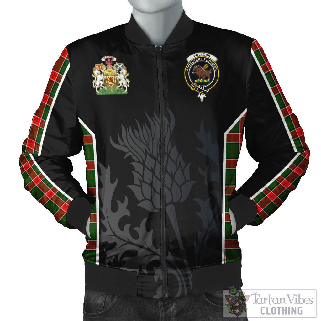 Tartan Vibes Clothing Pollock Modern Tartan Bomber Jacket with Family Crest and Scottish Thistle Vibes Sport Style