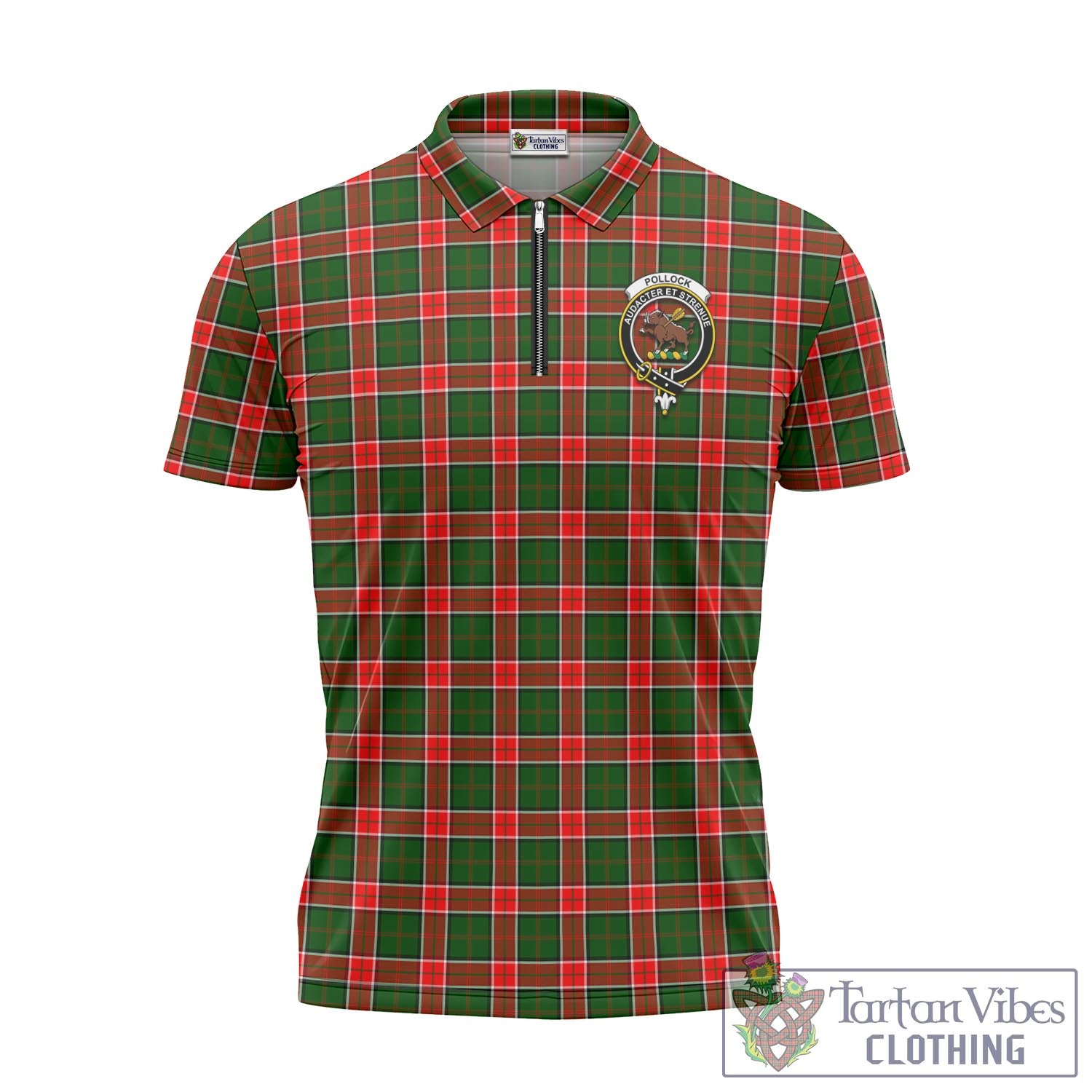 Pollock Tartan Zipper Polo Shirt with Family Crest Unisex - Tartan Vibes Clothing