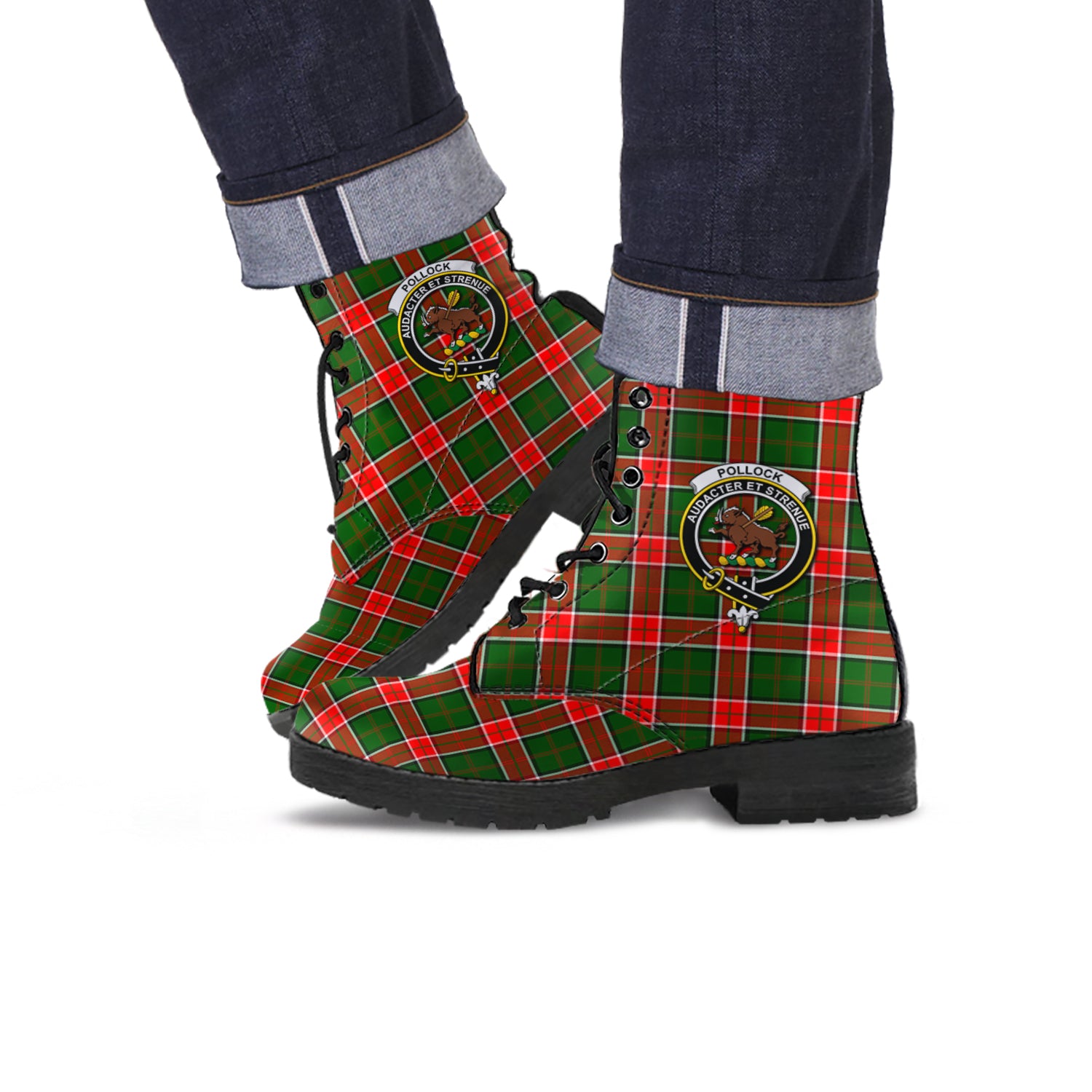 Pollock Tartan Leather Boots with Family Crest Men' Boots - Tartan Vibes Clothing