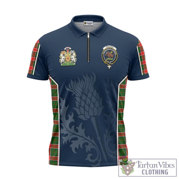 Pollock Modern Tartan Zipper Polo Shirt with Family Crest and Scottish Thistle Vibes Sport Style