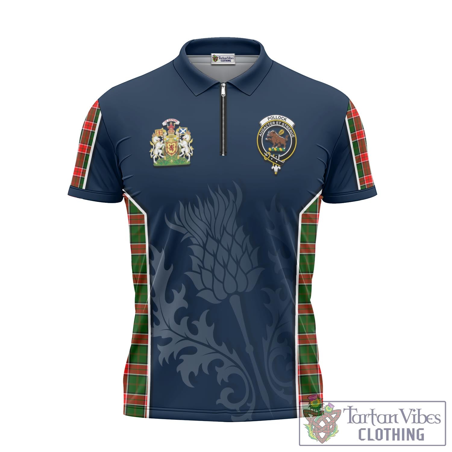 Tartan Vibes Clothing Pollock Modern Tartan Zipper Polo Shirt with Family Crest and Scottish Thistle Vibes Sport Style
