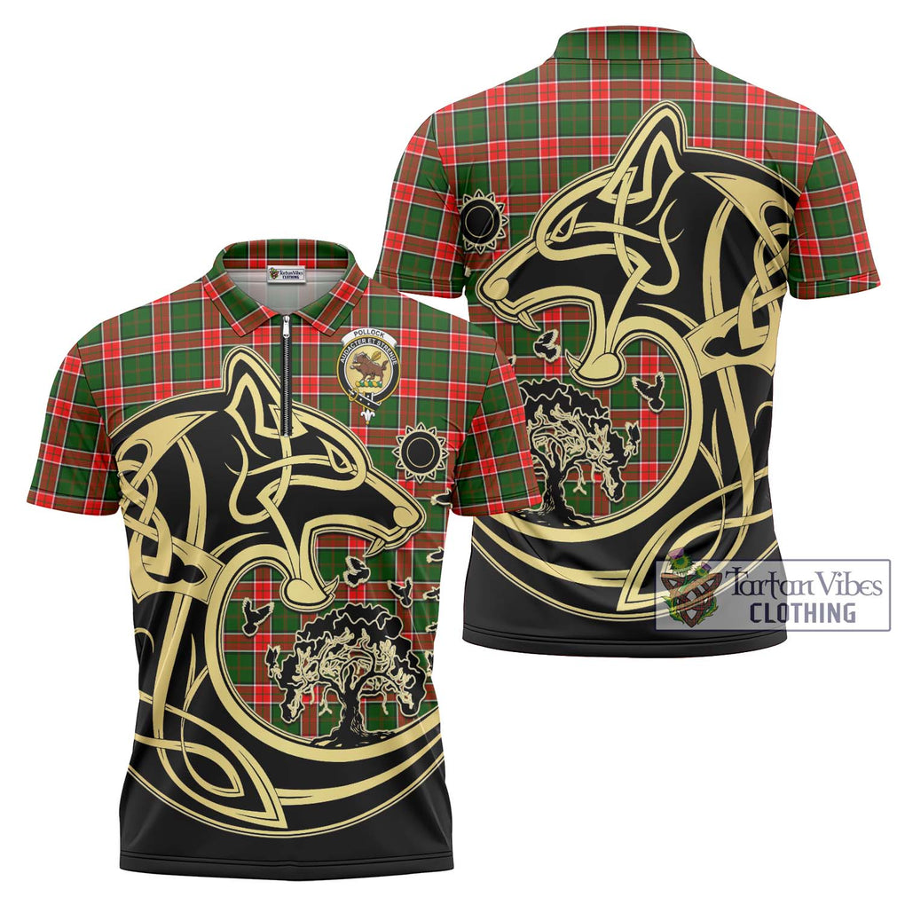 Pollock Tartan Zipper Polo Shirt with Family Crest Celtic Wolf Style Unisex - Tartan Vibes Clothing