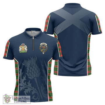 Pollock Modern Tartan Zipper Polo Shirt with Family Crest and Scottish Thistle Vibes Sport Style