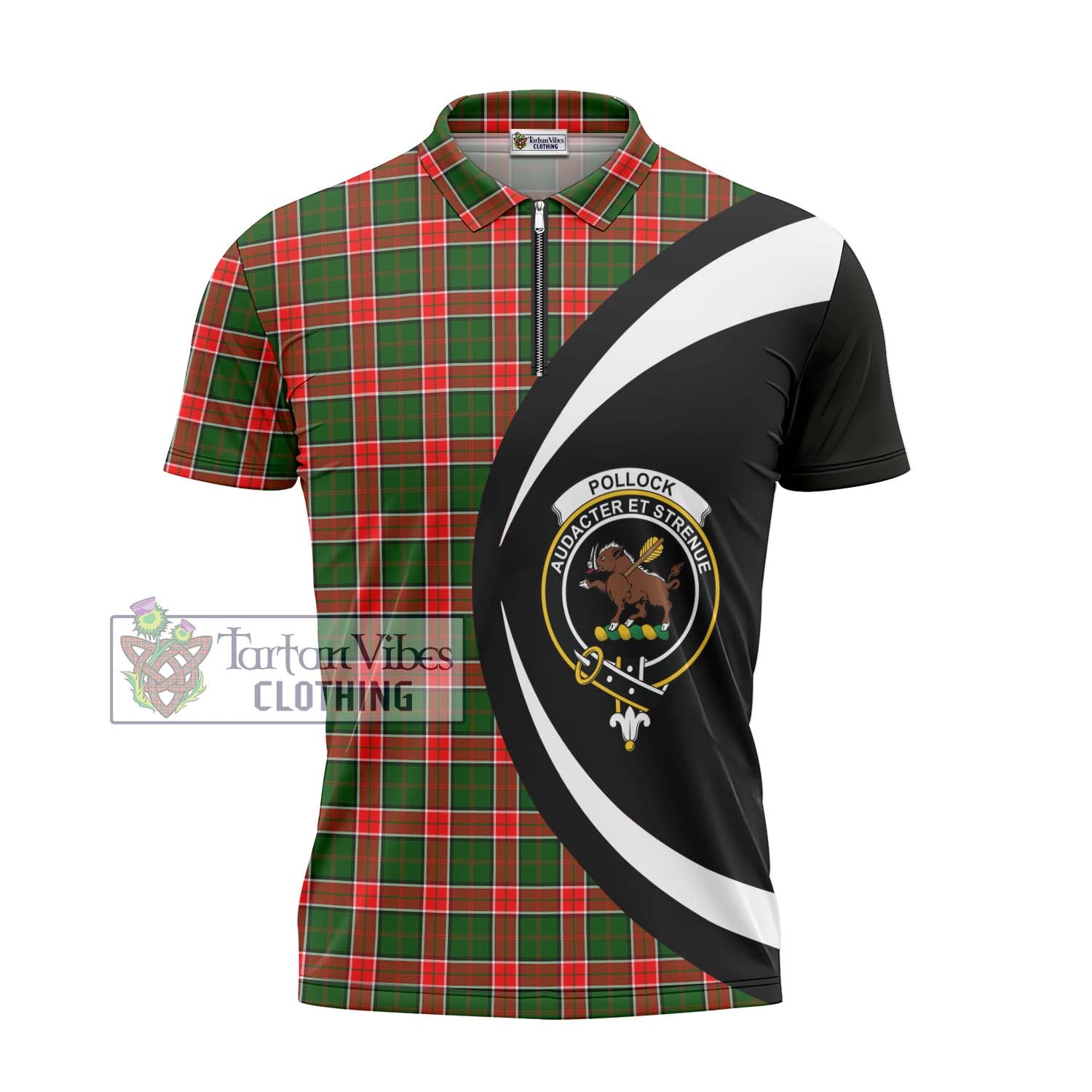 Pollock Tartan Zipper Polo Shirt with Family Crest Circle Style - Tartan Vibes Clothing