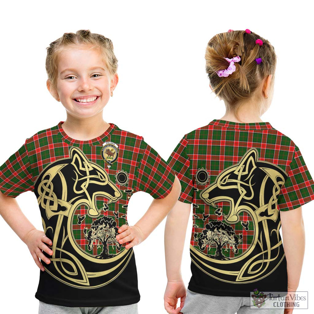 Pollock Tartan Kid T-Shirt with Family Crest Celtic Wolf Style - Tartan Vibes Clothing