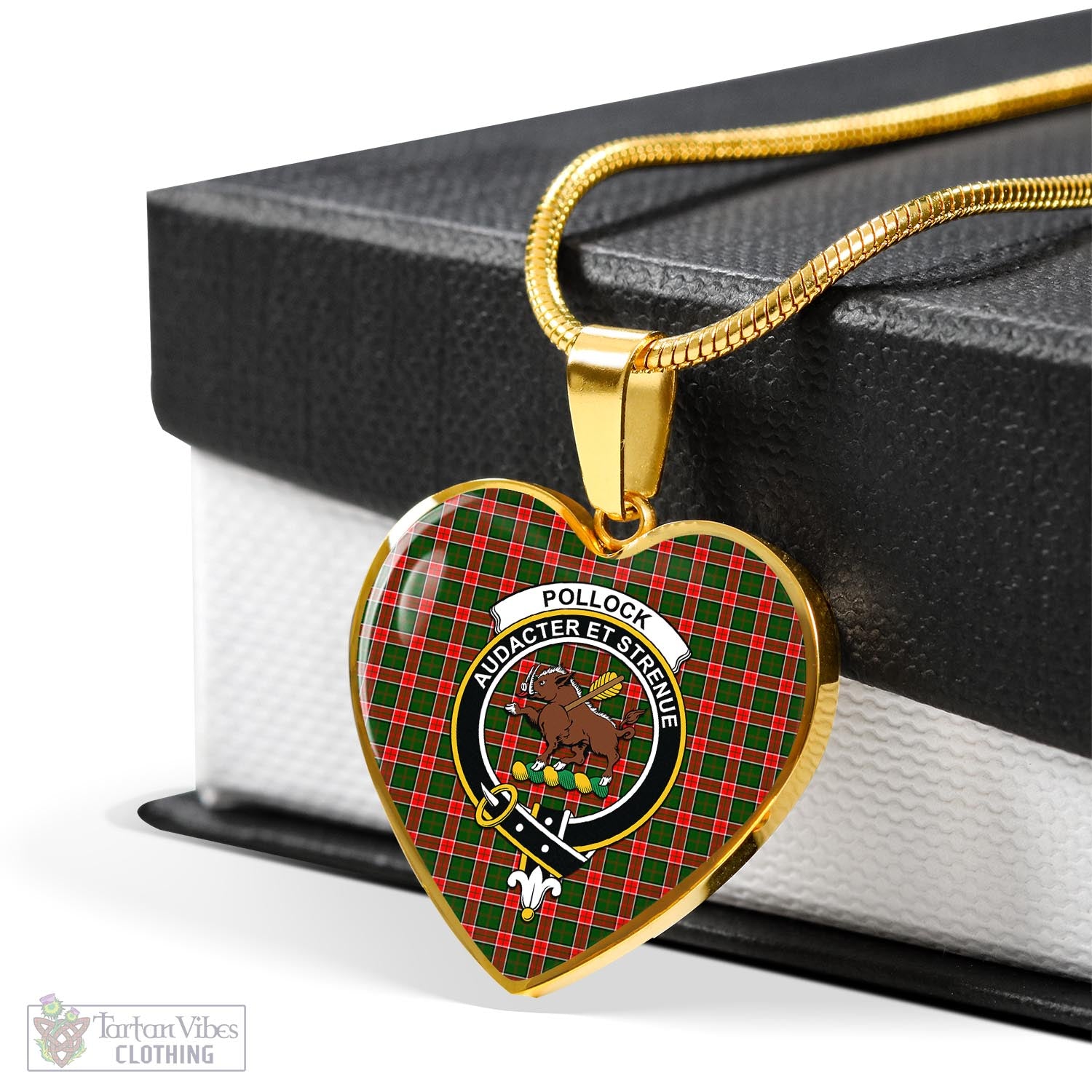 Pollock Tartan Heart Necklace with Family Crest - Tartan Vibes Clothing