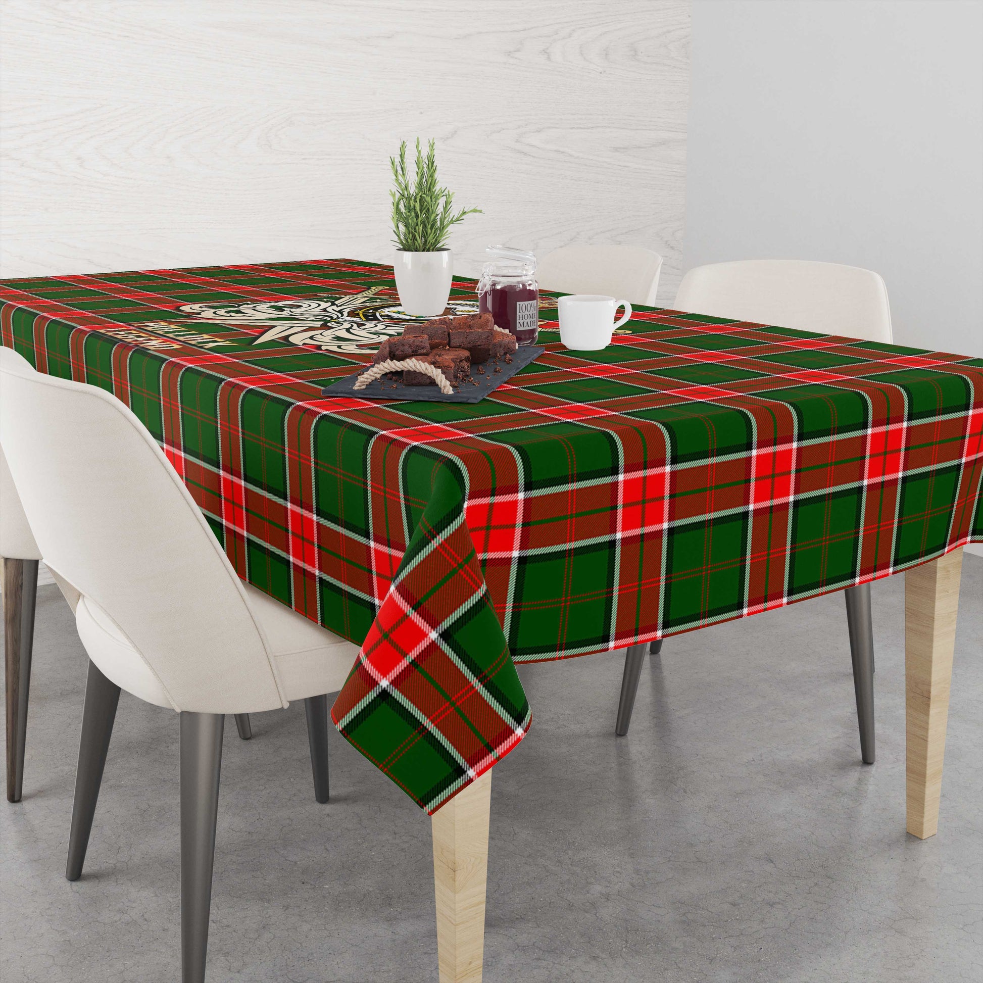 Tartan Vibes Clothing Pollock Modern Tartan Tablecloth with Clan Crest and the Golden Sword of Courageous Legacy