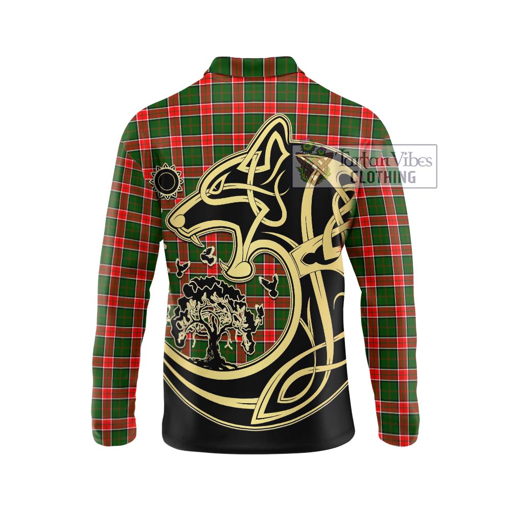 Pollock Tartan Long Sleeve Polo Shirt with Family Crest Celtic Wolf Style - Tartan Vibes Clothing