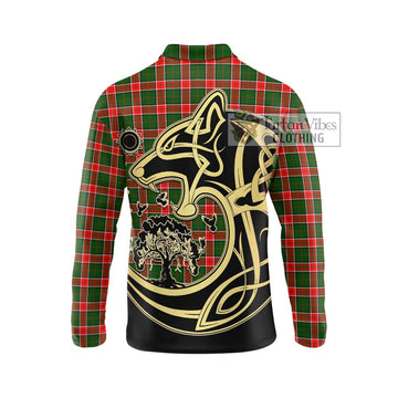Pollock Tartan Long Sleeve Polo Shirt with Family Crest Celtic Wolf Style - Tartan Vibes Clothing