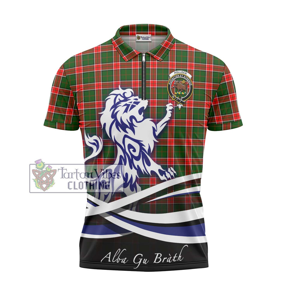 Pollock Tartan Zipper Polo Shirt with Alba Gu Brath Regal Lion Emblem - Tartan Vibes Clothing