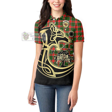 Pollock Tartan Women's Polo Shirt with Family Crest Celtic Wolf Style - Tartan Vibes Clothing