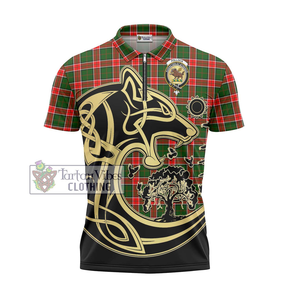 Pollock Tartan Zipper Polo Shirt with Family Crest Celtic Wolf Style - Tartan Vibes Clothing