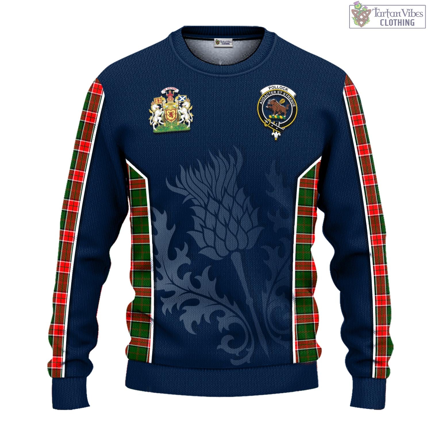 Pollock Tartan Knitted Sweatshirt with Family Crest and Scottish Thistle Vibes Sport Style - Tartan Vibes Clothing