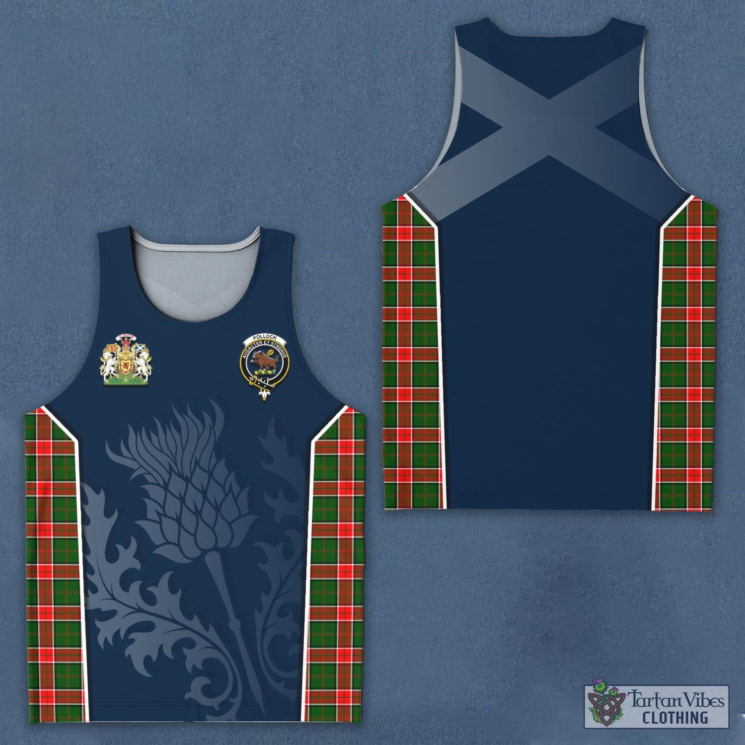 Tartan Vibes Clothing Pollock Modern Tartan Men's Tanks Top with Family Crest and Scottish Thistle Vibes Sport Style