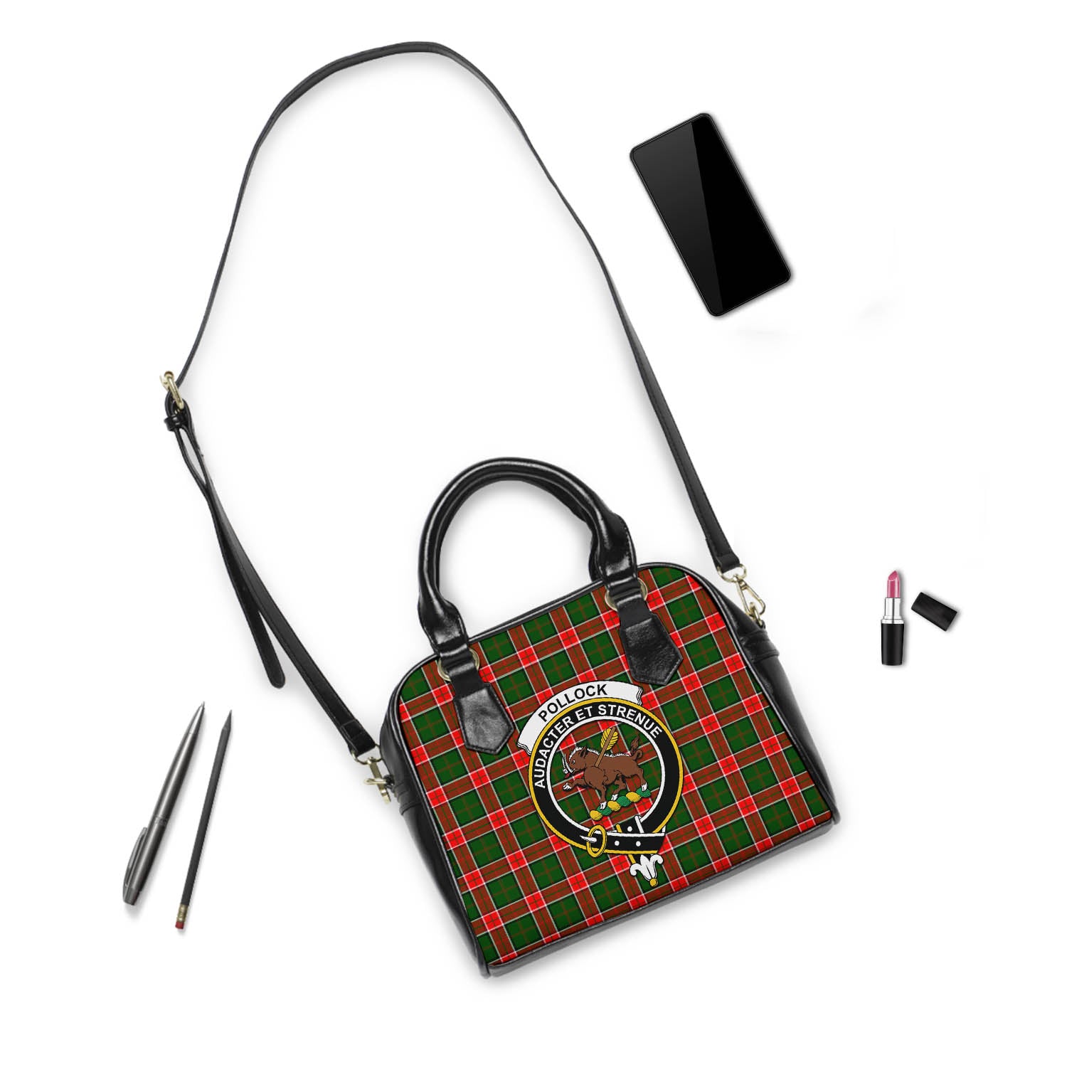 Pollock Tartan Shoulder Handbags with Family Crest - Tartan Vibes Clothing