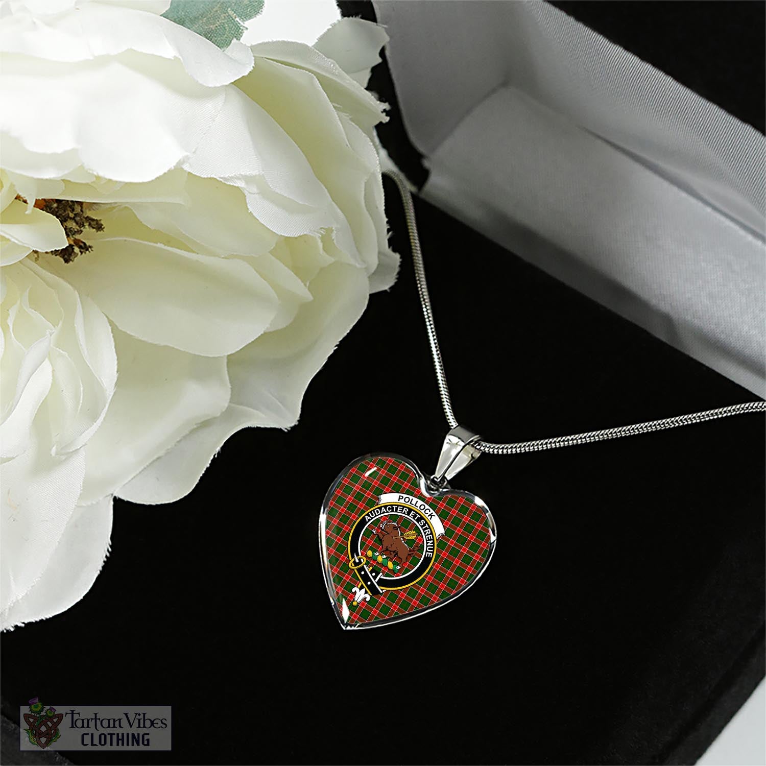 Pollock Tartan Heart Necklace with Family Crest - Tartan Vibes Clothing