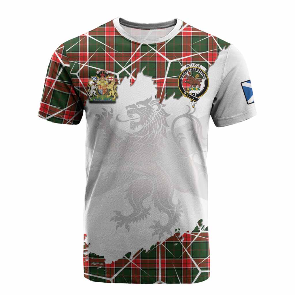 Pollock Tartan Cotton T-shirt with Family Crest and Lion Rampant Grunge Style