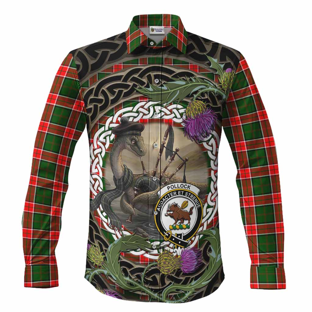 Pollock Tartan Crest Bagpipe Nessie Long Sleeve Button Shirts Scottish Loch Ness Monster Celtic Thistle