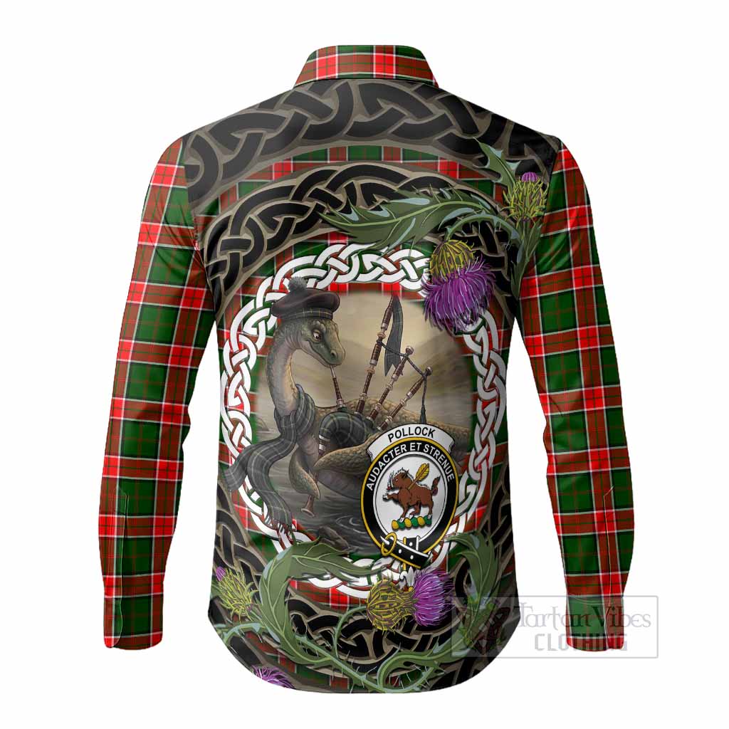 Pollock Tartan Crest Bagpipe Nessie Long Sleeve Button Shirts Scottish Loch Ness Monster Celtic Thistle
