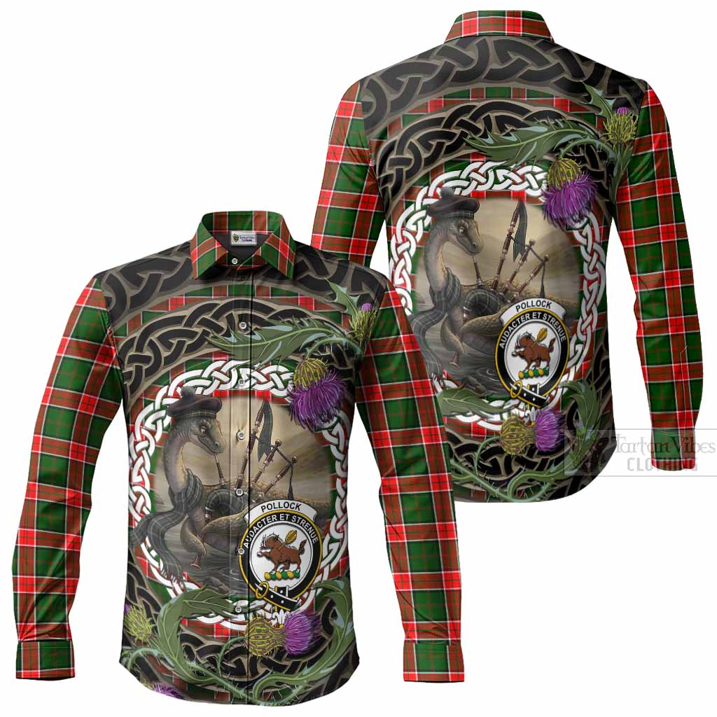 Pollock Tartan Crest Bagpipe Nessie Long Sleeve Button Shirts Scottish Loch Ness Monster Celtic Thistle