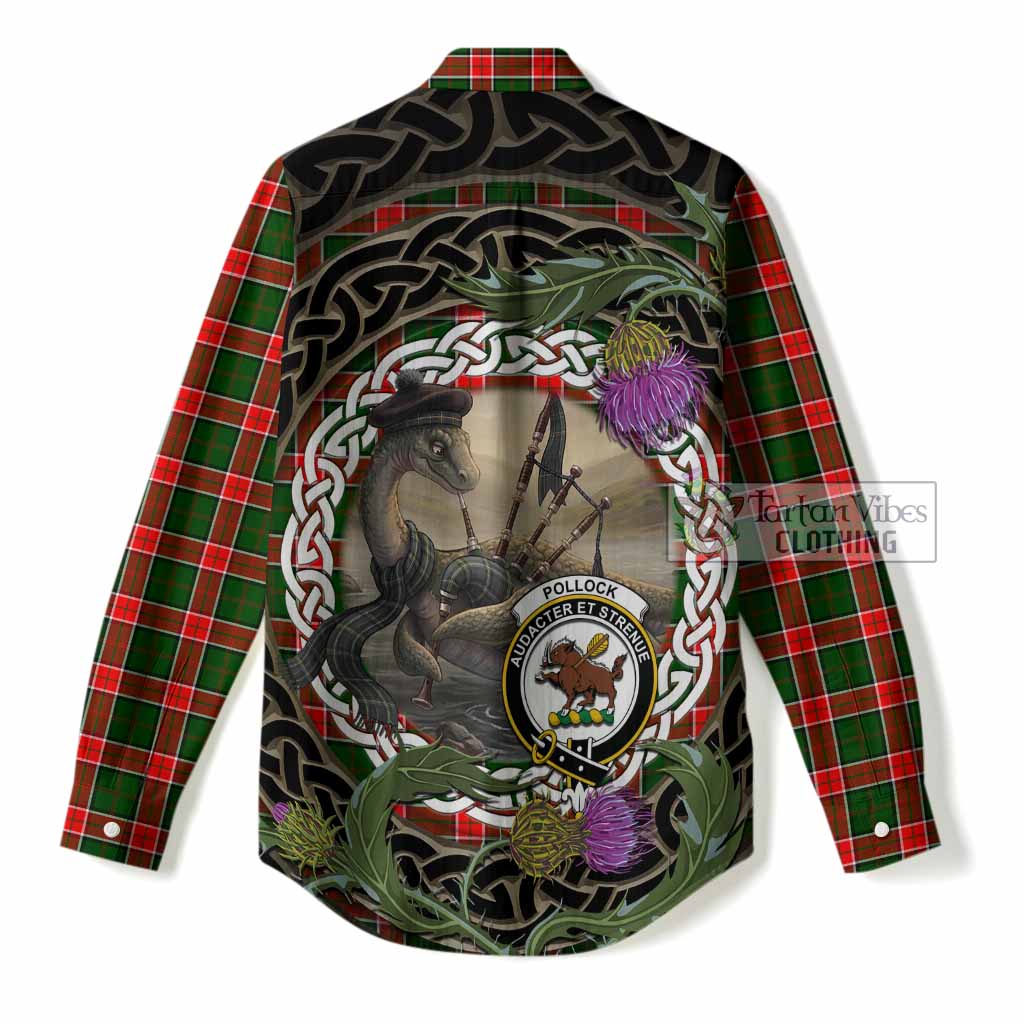 Pollock Tartan Crest Bagpipe Nessie Women Casual Shirt Scottish Loch Ness Monster Celtic Thistle