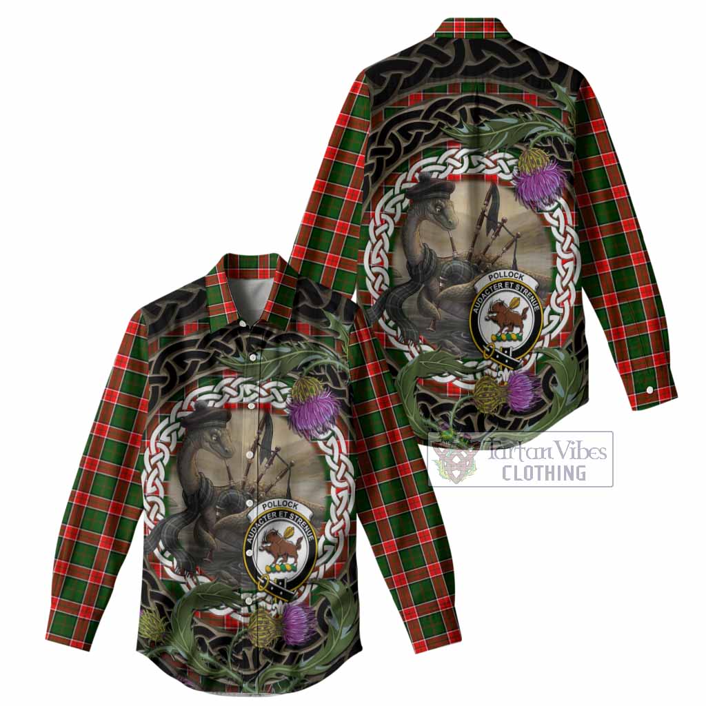Pollock Tartan Crest Bagpipe Nessie Women Casual Shirt Scottish Loch Ness Monster Celtic Thistle