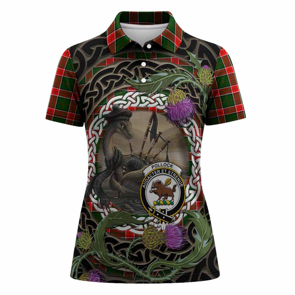 Pollock Tartan Crest Bagpipe Nessie Women Polo Shirt Scottish Loch Ness Monster Celtic Thistle