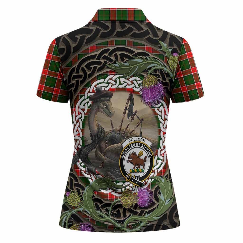 Pollock Tartan Crest Bagpipe Nessie Women Polo Shirt Scottish Loch Ness Monster Celtic Thistle