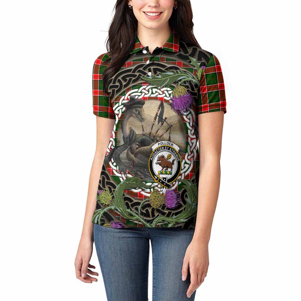 Pollock Tartan Crest Bagpipe Nessie Women Polo Shirt Scottish Loch Ness Monster Celtic Thistle