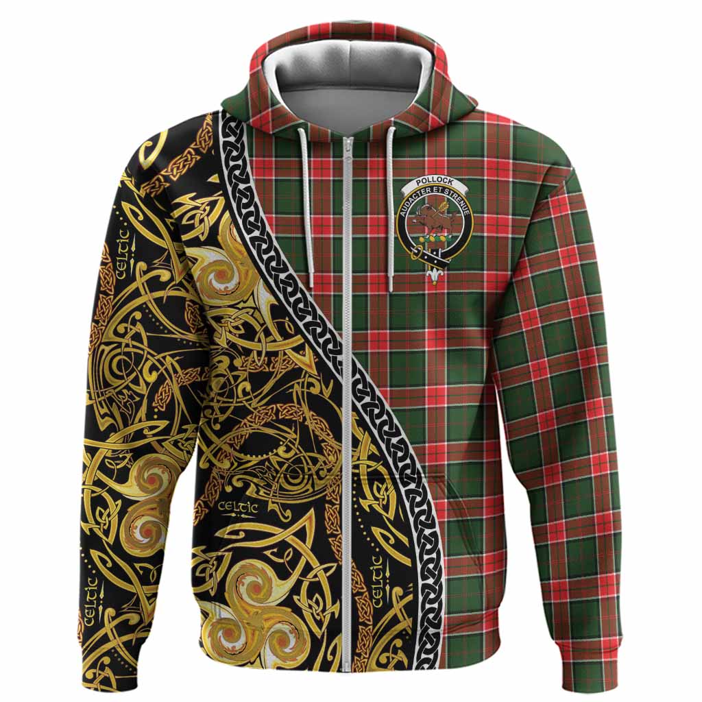 Pollock Tartan Crest Hoodie Celtic Knot and Triple Trickle Spiral Symbols