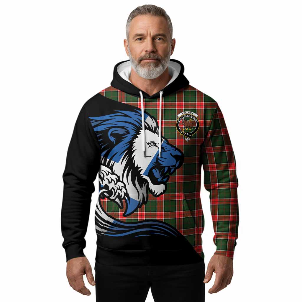 Pollock Tartan Crest Hoodie Scottish Golden Lions Wave Flow