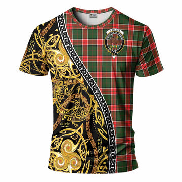 Pollock Tartan Crest T-Shirt Celtic Knot and Triple Trickle Spiral Symbols