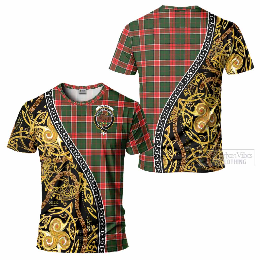 Pollock Tartan Crest T-Shirt Celtic Knot and Triple Trickle Spiral Symbols