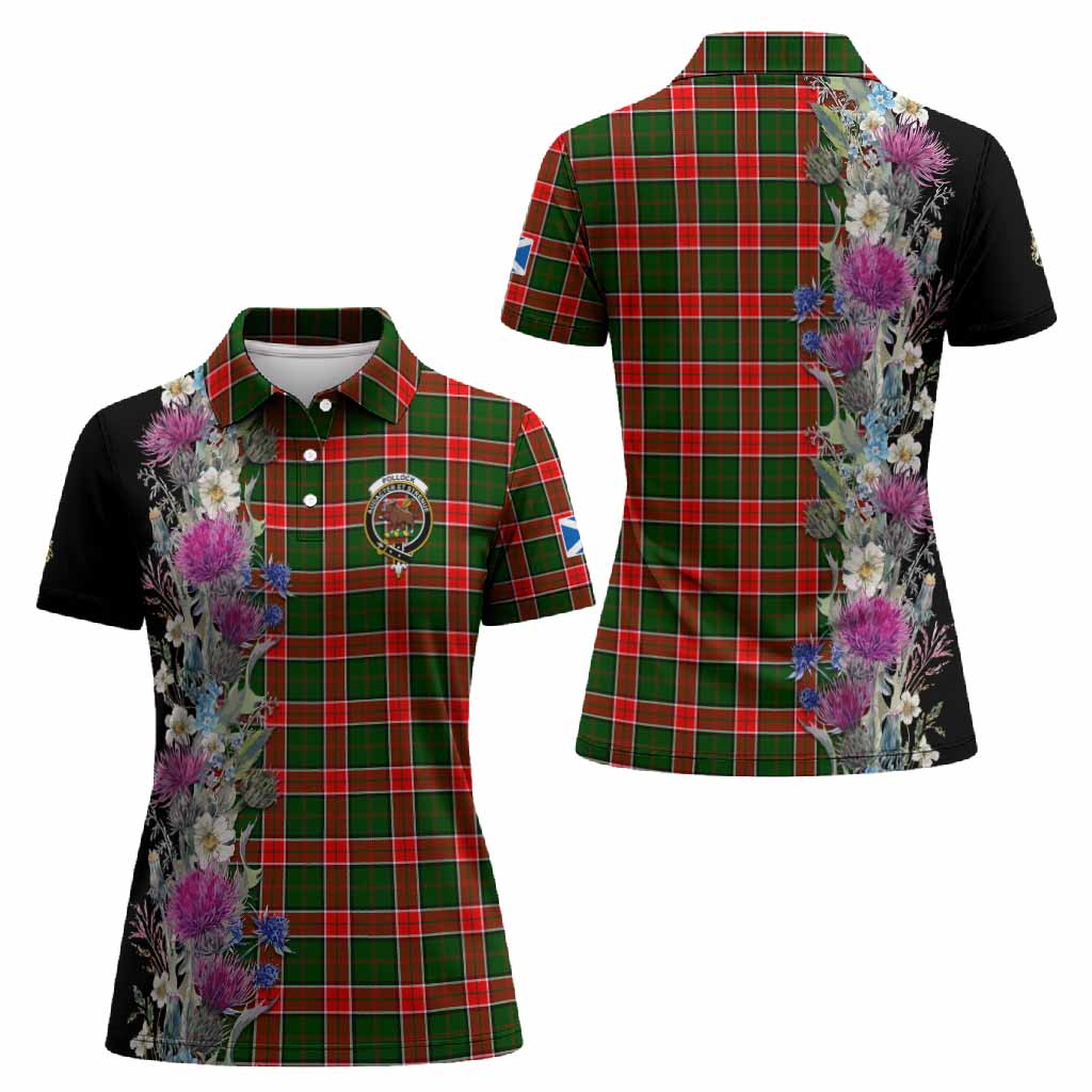 Pollock Tartan Crest Thistle Floral Women Polo Shirt