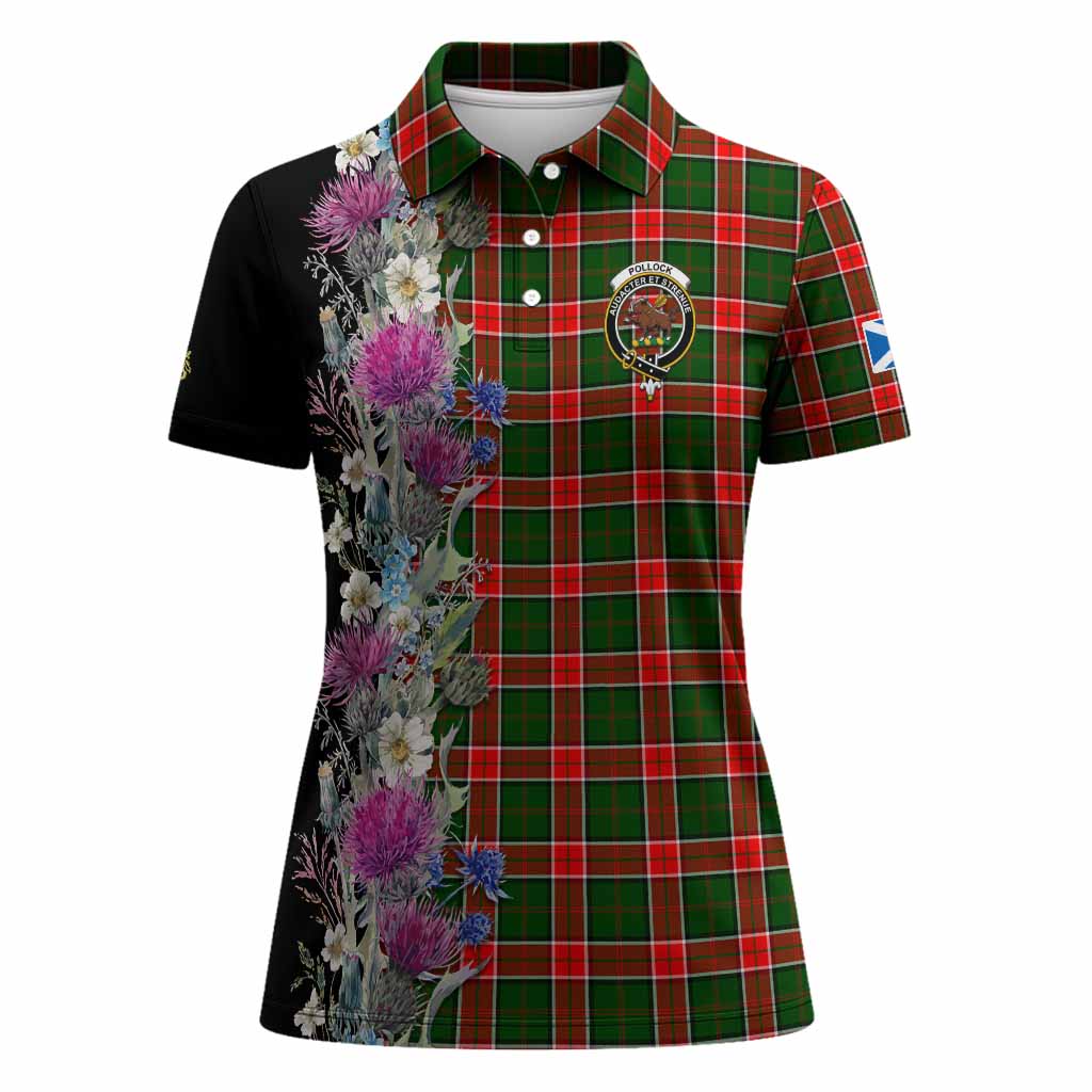 Pollock Tartan Crest Thistle Floral Women Polo Shirt