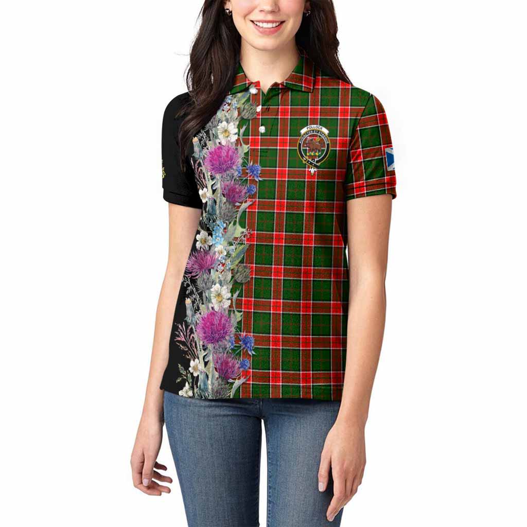 Pollock Tartan Crest Thistle Floral Women Polo Shirt