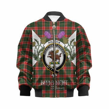 Pollock Tartan Family Crest Kid Bomber Jacket Scottish Burns Night Thistle Floral